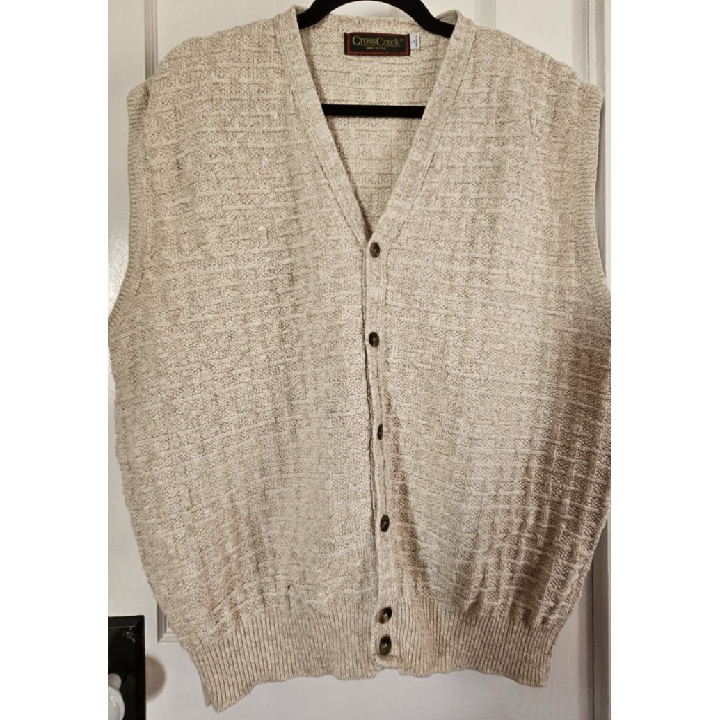 Vtg Cross Creek Usa Made Men Sz L Sweater Golf Vest Button Up Beige